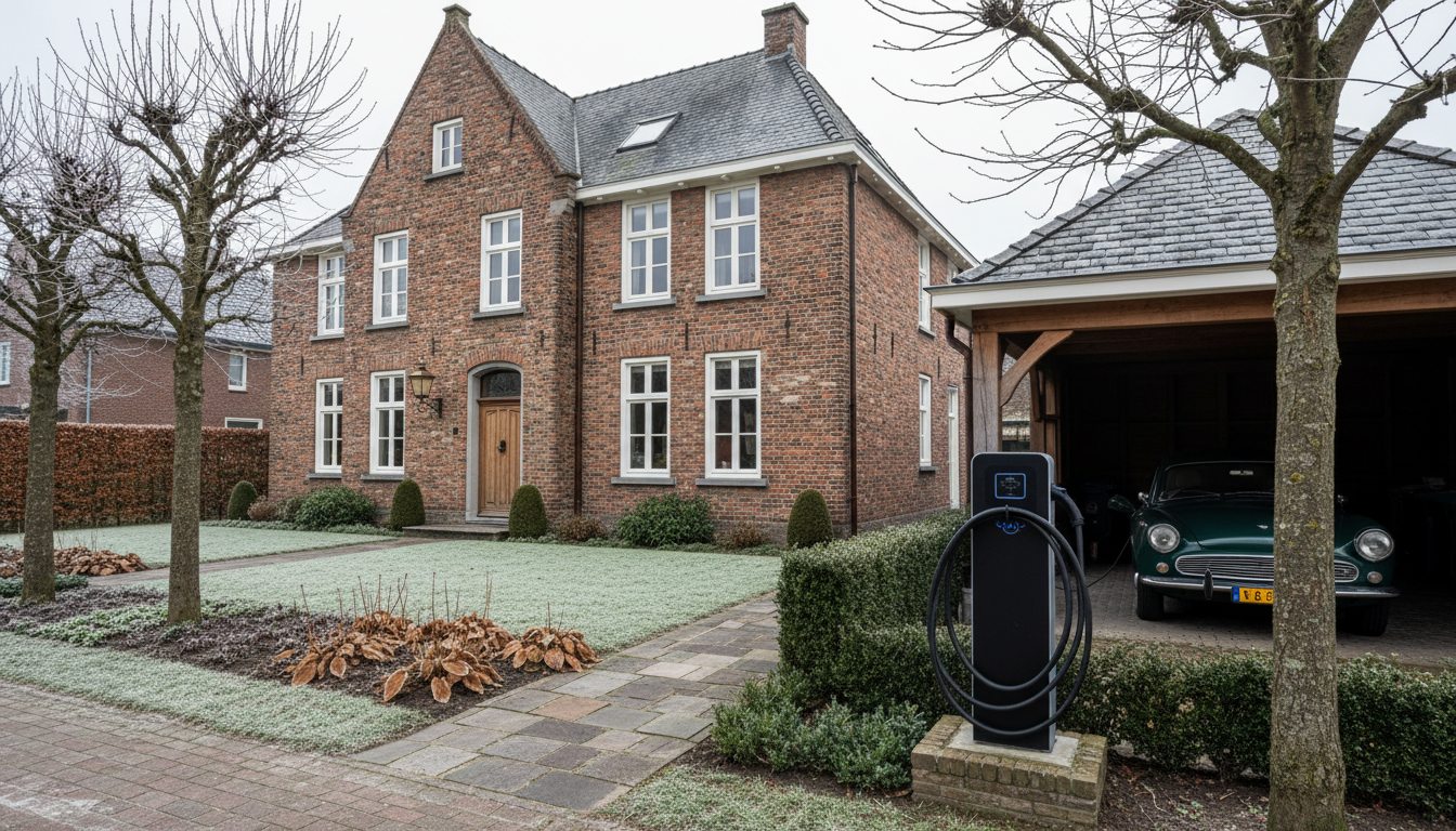 laadpaal installatie bij bakstenen woning in Flandre in de winter