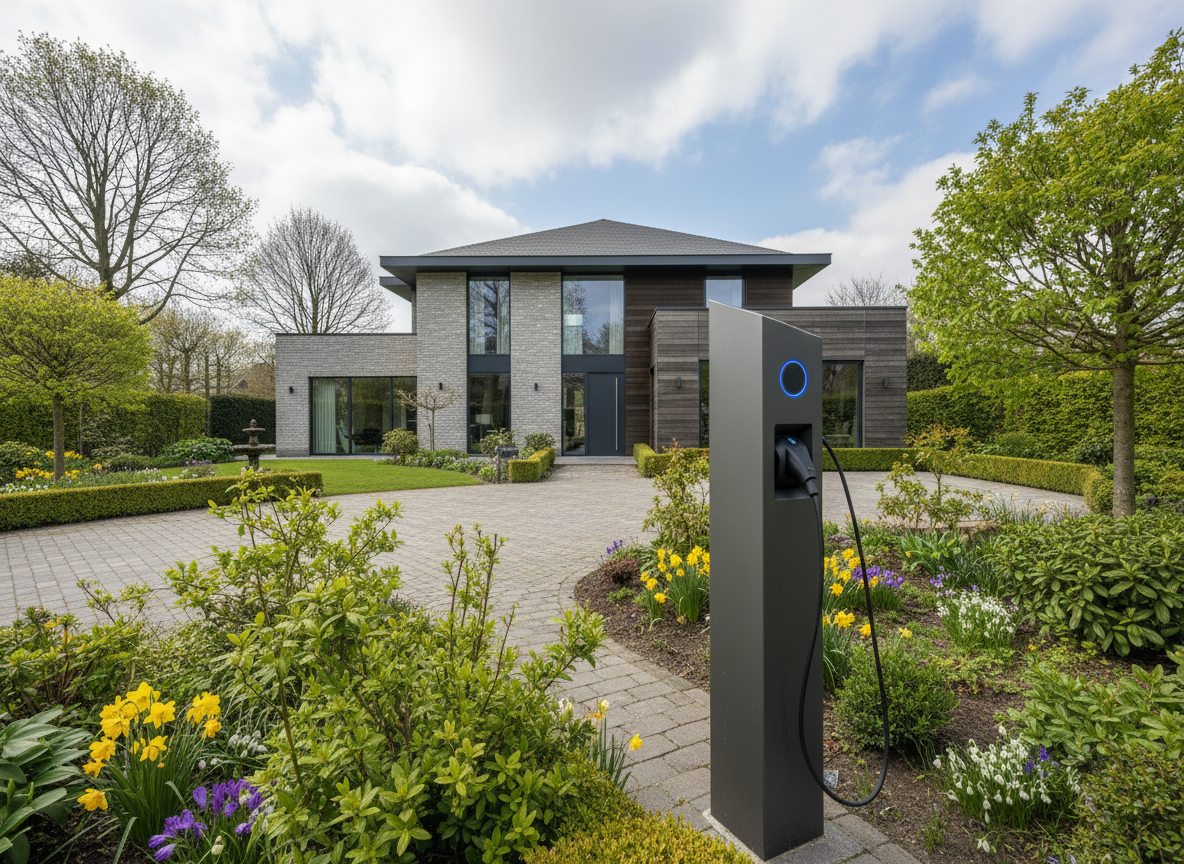 laadpaal installatie bij bakstenen woning in Flandre