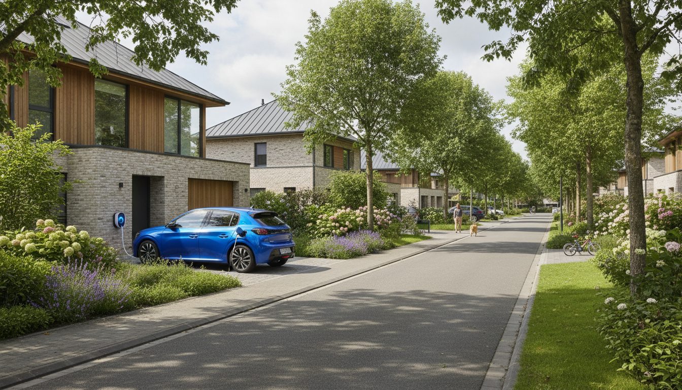 Straatbeeld met laadpaal op woning in Flandre in de zomer
